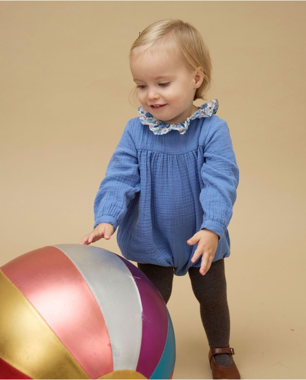 Barboteuse gaze de coton bleu col en tissu Liberty