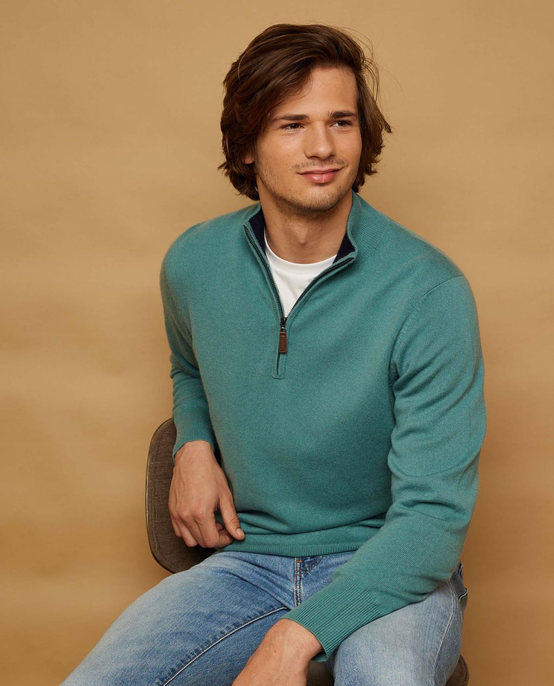 Acanthe Pull col zippe vert grise merinos cachemire